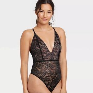 NWT AUDEN Black Rose Lace Thong Bodysuit Teddy V-Neck Lingerie Sleepwear Mesh XL
